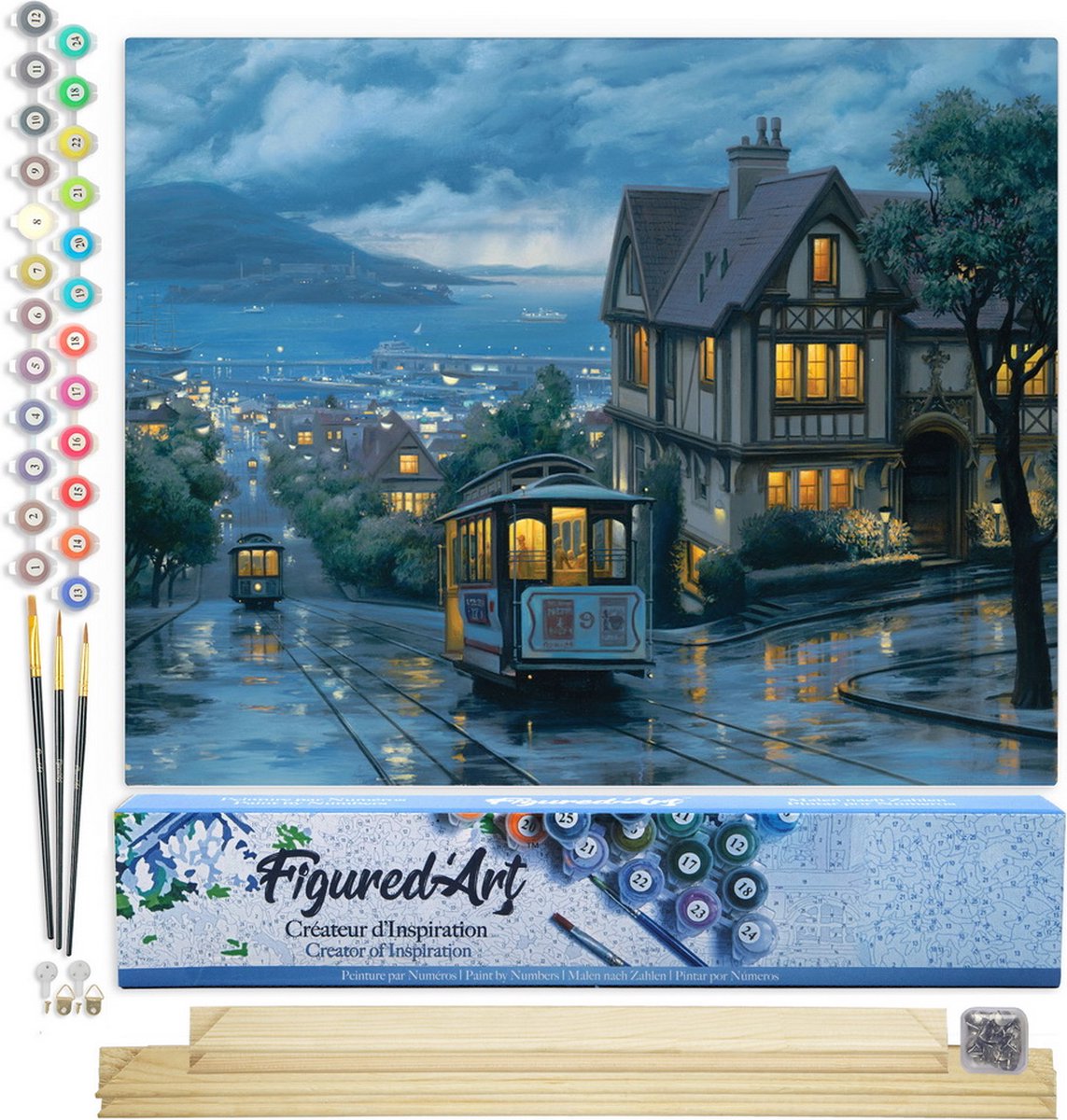 FiguredArt Schilderen op Nummer Volwassenen canvas Tramstation in Crepuscule - Handwerk acrylverf Kit DIY Compleet - 40x50cm met DIY houten lijst